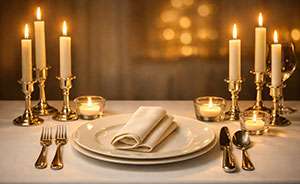Ein elegantes Candlelight‑Dinner‑Gedeck auf einem weiß gedeckten Fine‑Dining‑Tisch, minimalistisch und hochwertig arrangiert. Im Zentrum steht ein schneeweißer Porzellanteller, flankiert von poliertem Silberbesteck, das das warme Kerzenlicht weich reflektiert. Eine kunstvoll gefaltete Stoffserviette liegt entweder mittig auf dem Teller oder leicht seitlich, je nach gewünschter Komposition. Mehrere schlanke, elfenbeinfarbene Stabkerzen in edlen Haltern spenden ein sanftes, goldenes Licht, das die Szene in eine warme, romantische Atmosphäre taucht. Die Kerzen erzeugen weiche Schatten, zarte Lichtreflexe auf Metall und Porzellan sowie ein harmonisches, intimes Gesamtbild. Der Hintergrund bleibt bewusst leicht unscharf, in warmen Gold‑ und Cremetönen, sodass der Fokus vollständig auf dem Gedeck liegt. Die Stimmung ist ruhig, edel, einladend — perfekt für ein stilvolles Candlelight‑Dinner. Stil: hyperrealistisch, warmes goldenes Kerzenlicht, weiche Schatten, feine Details, hochwertige Fine‑Dining‑Ästhetik.
