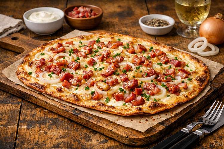 Das Bild zeigt einen Flammkuchen, der auf einem rustikalen Holzbrett liegt. Ein hauchdünner, knusprig gebackener Teigboden mit goldbraunem Rand, belegt mit Crème fraîche, feinen Zwiebelringen und knusprigen Speckwürfeln. Der Käse ist leicht geschmolzen und sorgt für eine cremige, würzige Note.
