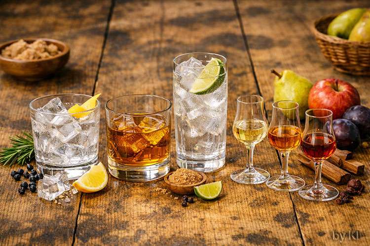 Vier verschiedene Spirituosen stehen nebeneinander auf einem rustikalen Holztisch, jede in einem passenden Glas und mit typischen Zutaten dekoriert:</p>
<p>Gin — Ein kurzes Tumblerglas mit klarem Getränk und Eiswürfeln. Auf dem Glasrand liegt eine Zitronenzeste. Daneben befinden sich Wacholderbeeren und ein Zweig Rosmarin, die einen frischen, würzigen Duft andeuten.</p>
<p>Rum — Ein schweres Glas mit goldbraunem Rum, warm und leicht ölig. Daneben liegen Limettenspalten und brauner Zucker, die an süße, karamellige Aromen erinnern.</p>
<p>Bacardi — Ein hohes, klares Highball‑Glas mit Eiswürfeln und einem klaren, hellen Getränk. Eine Limettenscheibe sitzt am Glasrand. Der Eindruck ist kühl, frisch und leicht.</p>
<p>Obstbrände — Vier kleine, elegante Schnapsgläser in einer Reihe, gefüllt mit klaren bis bernsteinfarbenen Spirituosen. Davor liegen Birne, Apfel und Zwetschgen, die die fruchtigen Aromen der Brände symbolisieren.</p>
<p>Das Licht ist warm und natürlich, die Stimmung edel, ruhig und hochwertig — ideal für eine Spirituosenkarte oder eine Verkostungspräsentation.