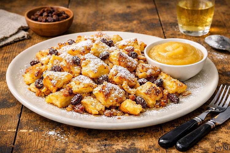 Ein Teller mit frisch zubereitetem Kaiserschmarrn steht auf einem rustikalen Holztisch.<br />
Der Kaiserschmarrn ist goldbraun gebacken, in lockere, unregelmäßige Stücke zerrissen und großzügig mit feinem Puderzucker bestäubt. Die Oberfläche wirkt leicht karamellisiert, mit knusprigen Rändern und weichem Inneren.</p>
<p>Rechts neben dem Kaiserschmarrn steht eine kleine Schale mit Apfelmus.