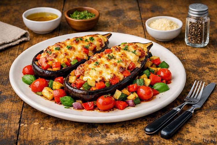 Das Bild zeigt eine helle, freundliche Food‑Szene im mediterranen Stil:<br />
Auf einem runden, weißen Teller liegen zwei halbierte Auberginen, deren Innenflächen mit bunten Gemüsestücken gefüllt sind – Paprika, Zucchini, Tomaten und rote Zwiebeln. Darüber ist eine goldbraune Käsekruste, leicht geschmolzen und an den Rändern knusprig.</p>
<p>Rund um die Auberginen sind gebratene Gemüsewürfel und blisternde Kirschtomaten arrangiert, mit frischem Basilikum garniert. Der rustikale Holztisch und das warme, natürliche Licht verleihen dem Bild eine gemütliche, appetitliche Atmosphäre.</p>
<p>Im Hintergrund stehen kleine Schälchen mit Olivenöl, Kräutern, Parmesan und ein Pfefferstreuer – alles dezent unscharf, um den Blick auf die Auberginen zu lenken.
